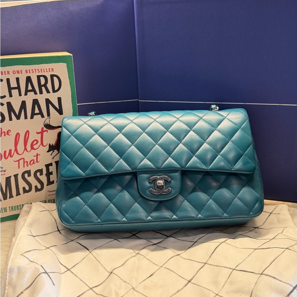CHANEL Medium Double Flap Shoulder Bag in Teal Blue